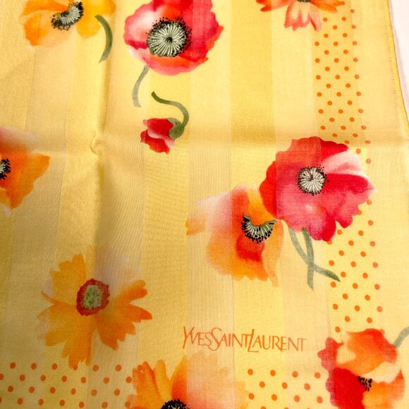 Vintage Yves Saint Laurent Cotton Floral Scarf Poppy Print Rolled Hem - Picture 4 of 10
